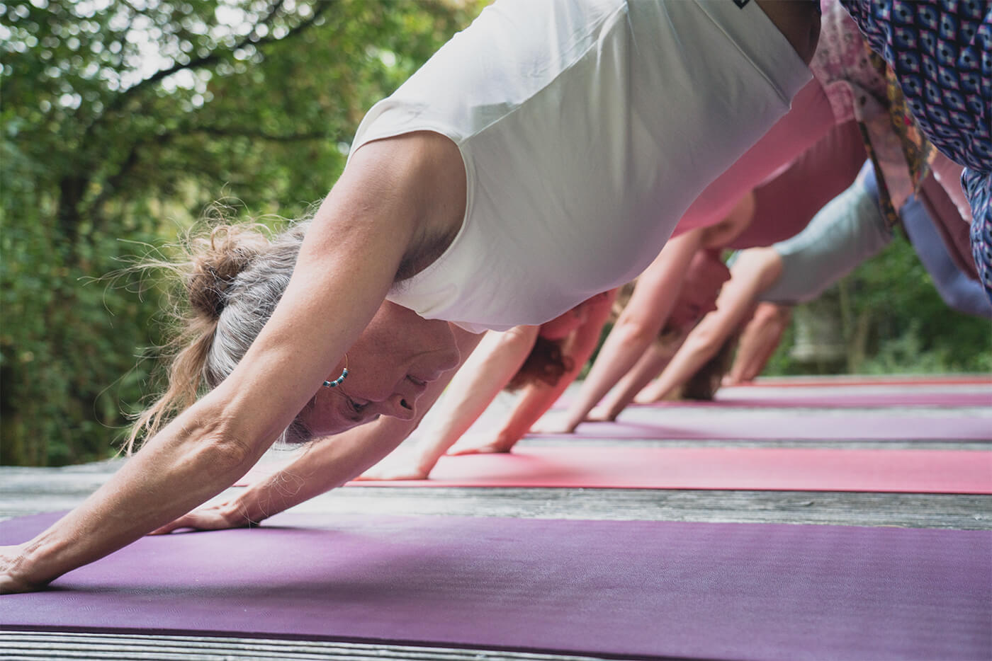 Fünf Yogaübende draußen auf Schweigeretreat praktizieren den herabschauenden Hund auf roten Yogamatten in einer Reihe.