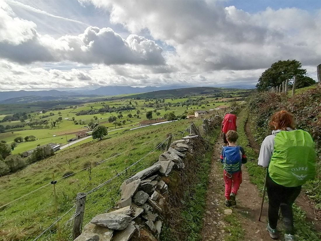Drei Menschen, Kinder und Erwachsener, von hinten mit Rucksäcken pilgernd auf dem Jakobsweg durch grüne Berglandschaft.