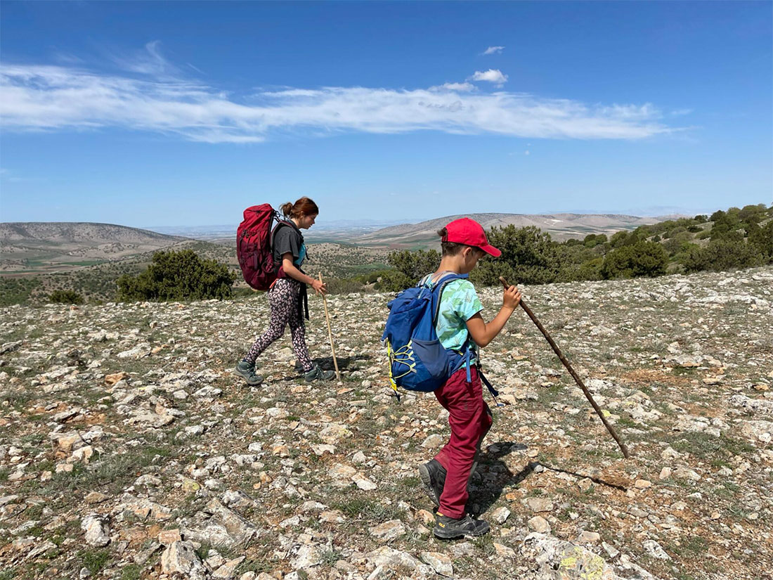 Two children climb a mountain in Turkey with hiking sticks, with only mountain ranges in the background.
