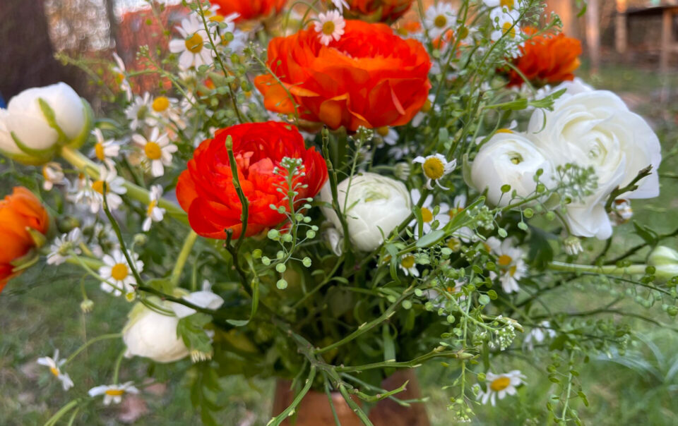 Blumenstrauß mit orangen und weißen Ranunkeln, dazu kleine weiße Blüten – dekorativ, frisch, ästhetisch