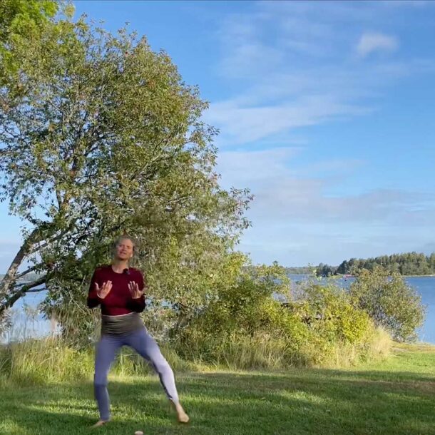 Nirmala im verspielten, verkörperten Yogaflow auf grüner Wiese, im Hintergrund blaues Meer mit Insel, achtsam und meditativ.