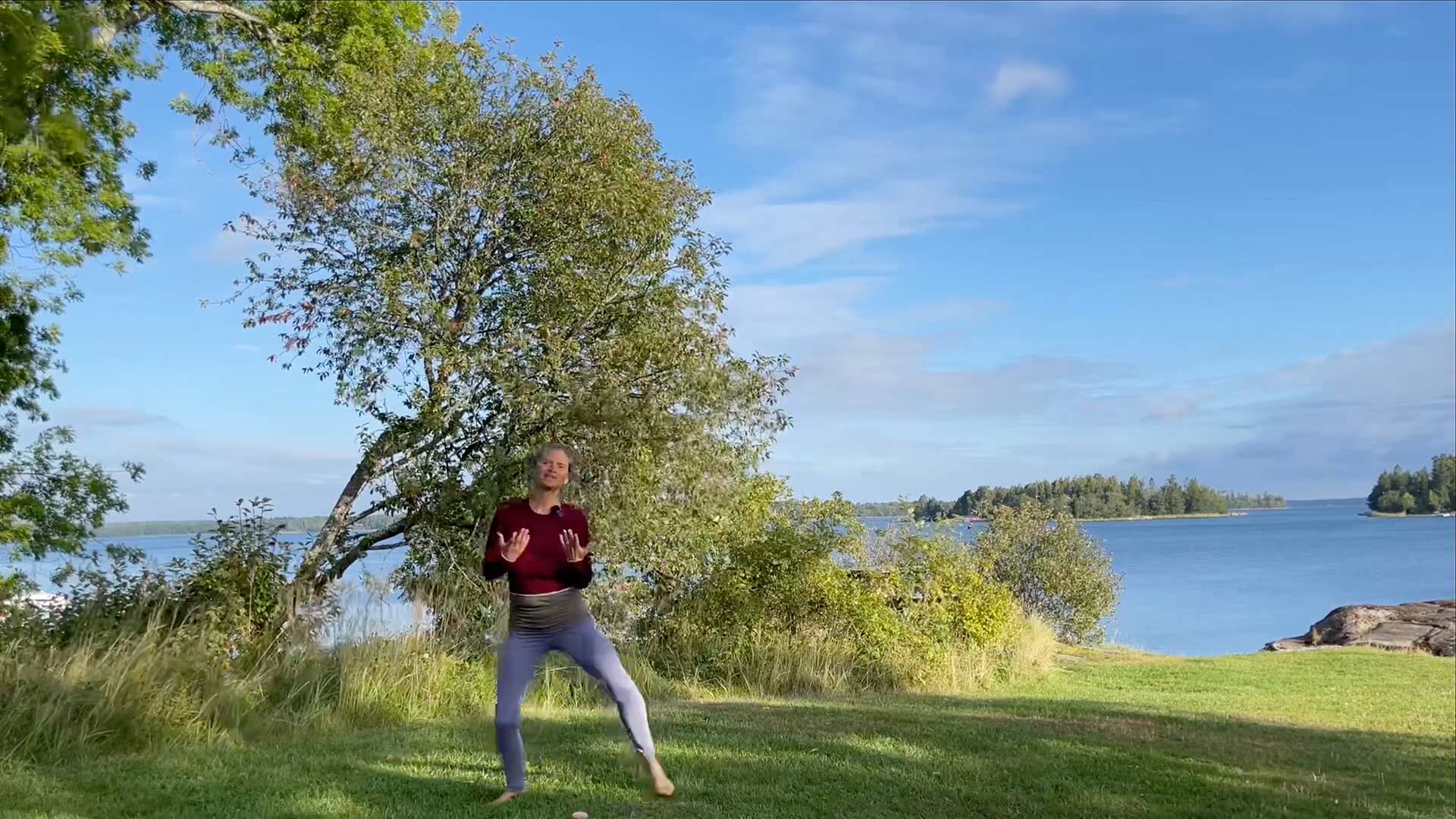 Nirmala im verspielten, verkörperten Yogaflow auf grüner Wiese, im Hintergrund blaues Meer mit Insel, achtsam und meditativ.