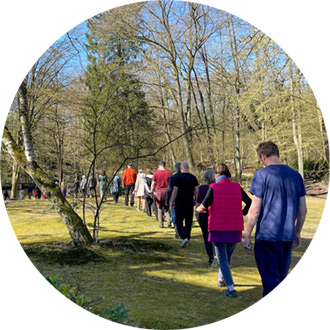 Mehrere Menschen praktizieren achtsame Gehmeditation im Park des Retreat-Zentrums ‚Haus der Stille‘, umgeben von alten Bäumen.