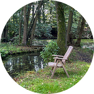 Gartenstuhl am Teich im Garten des Hauses der Stille, umgeben von Natur, ruhige meditative Retreat-Atmosphäre.
