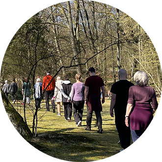 12 Menschen in Gehmeditation in einer Reihem umgeben von Bäumen im Schweigeretreat