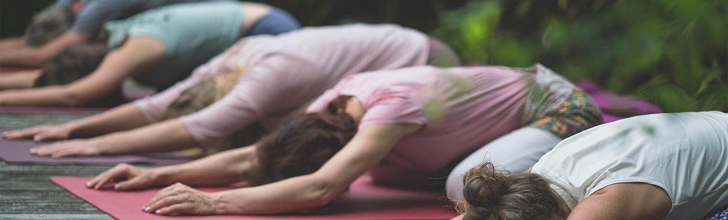Fünf Yogaübende sitzen draußen auf Yogamatten in der Babyposition, Arme nach vorne ausgestreckt, im Hintergrund grüne Natur.